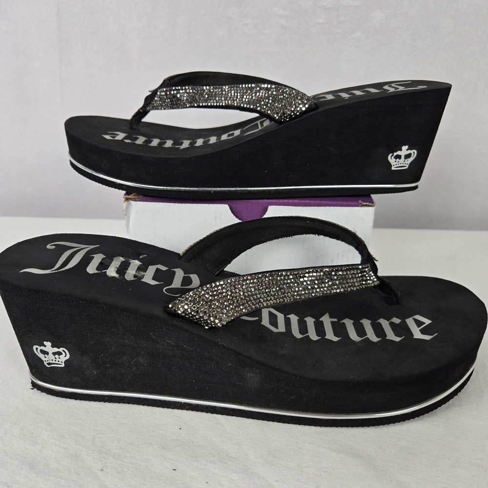 Juicy Couture Ultra Black Rhinestone Wedge Flip Flops Platform Sandals Size 10